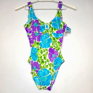 Ingear Swimsuit Womens 8 Turquoise Floral One Piece Belted Tank Bathing Suit